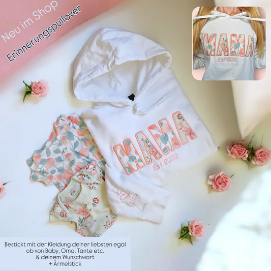 Erinnerungspullover individuell - bestickt mit deiner Wunschkleidung vom Baby, Oma, Tante etc